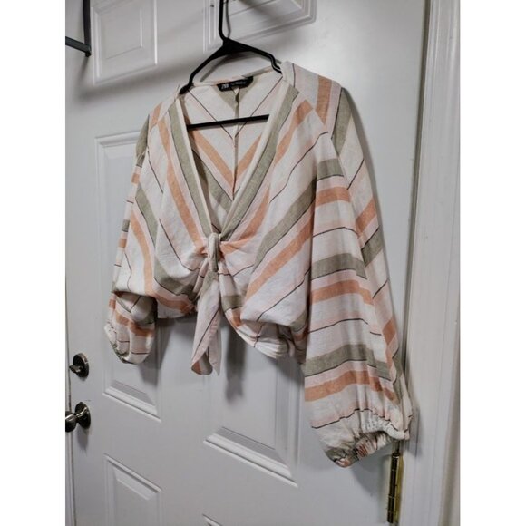 Zara Womens Striped Crop Top With V-Neck & Tie Front XS Linen Blend Made In Moro - Picture 9 of 13